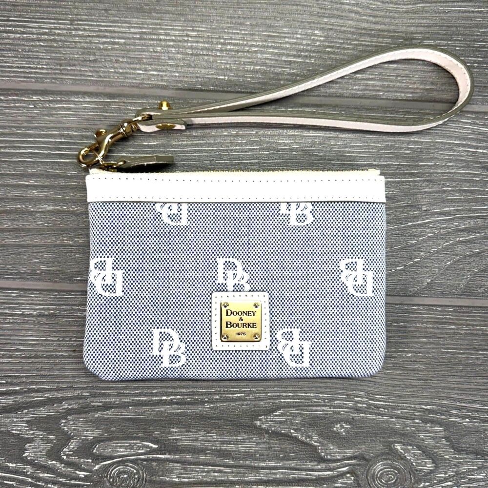 Dooney & Bourke Blue White 6" Wrislet Coin Purse Signature Monogram Nautical Sea